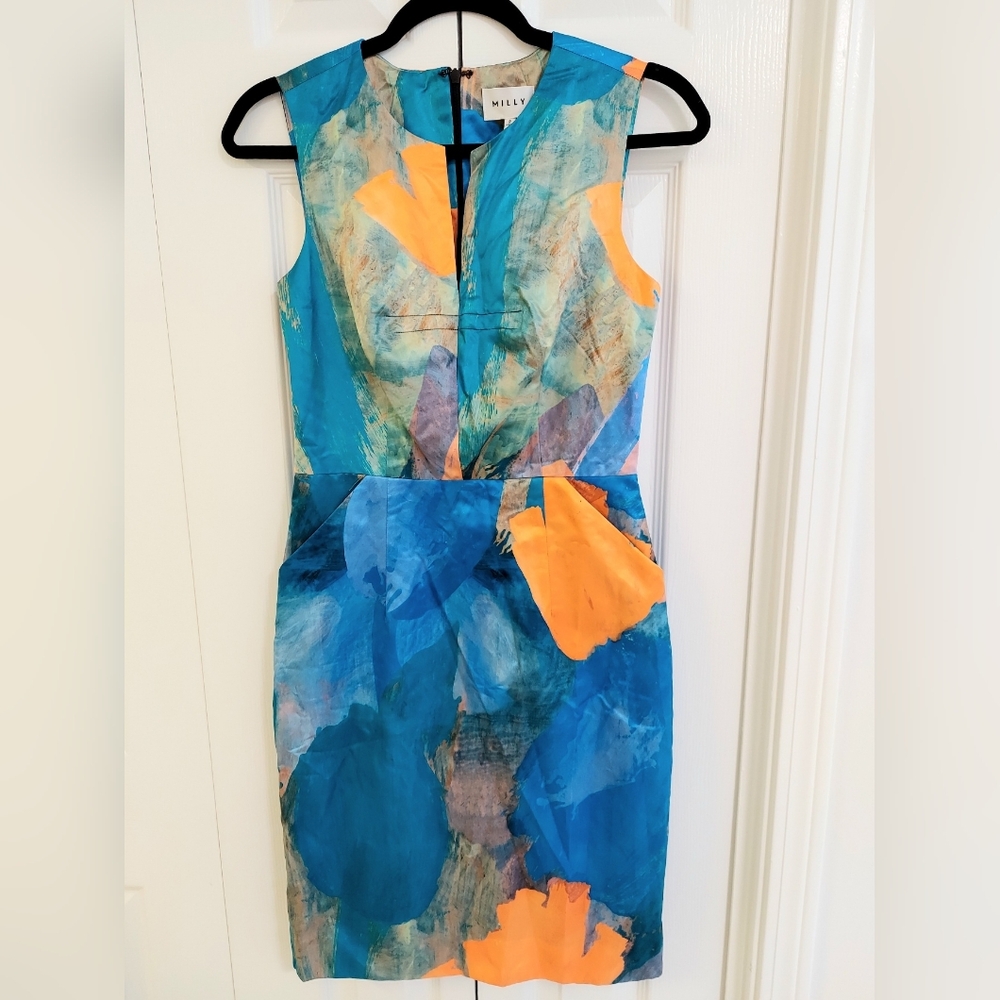 MILLY Dress, NEW! Size 2, SILK,‎ Abstract, colorful sheath - Picture 5 of 13